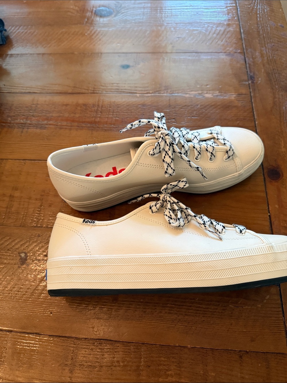 Keds White Platform Sneakers with Black-Patterned Laces